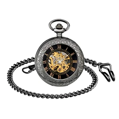 Image of MICGIGI Unisex Pocket Watch Mechanical Hand Wind Analogue Classic Magnifier Fob Watches with Chain