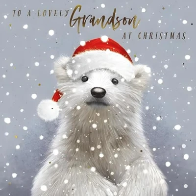 Image of Grandson Christmas Card Lovely Special Finish Cute Artistic Design Polar Bear Festive Hat Made in the UK Eco Friendly