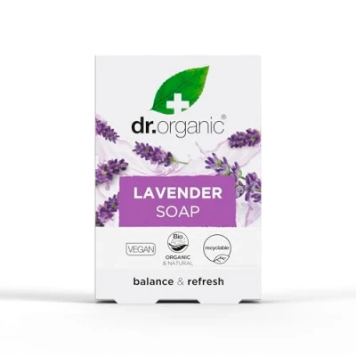Image of Dr Organic Lavender Soap Bar, Cleansing , Mens, Womens, Natural, Vegan, Cruelty Free, Paraben &amp; SLS Plastic Organic, 100g, Packaging may vary