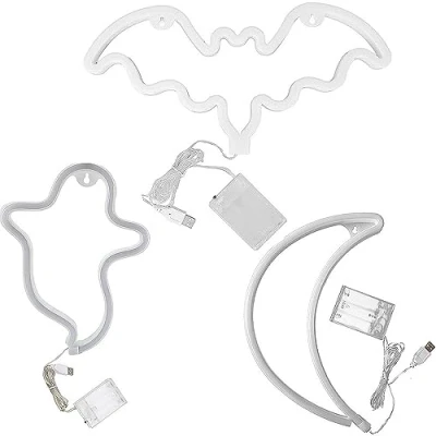 Image of TRIXES Multicoloured Ghost, Moon, Bat Halloween LED Neon Lights 3PC Pack Battery Powered, Light up for Parties Bedrooms Game Room