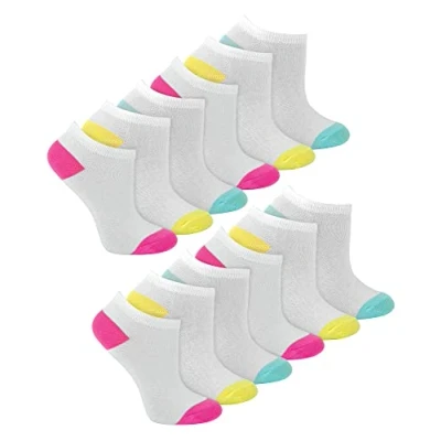 Image of 12 Pair Multipack Girls Low Cut Trainer Socks in White Kids No Show Athletic Running with Contrast Heel &amp; Toe (4 6, White)