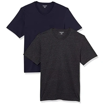 Image of Amazon Essentials Men&#039;s Short Sleeve V Neck T Shirts, Pack of 2, Navy/Charcoal Heather, XXL