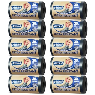 Image of Bacofoil Ultra Resistant Bin Liners with Drawstring Handles 30L Leak Proof and Tear Bag Protection Technology (10 Rolls, 120 Bags)…
