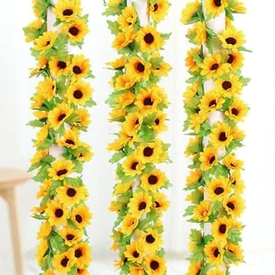 Image of 2 pcs Artificial Sunflower Garland,Sunflower Vine with Leaves,Hanging Garland Green Leaves ,Outdoor false flower arch,arrangement for Wedding Party Anniversary Home Office Table Centerpiece Decor