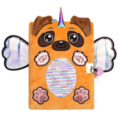 Image of Fringoo Cute Plush Secret Diary For Girls Reversible Sequins Design Journal With Padlock &amp; Bookmark Weekly Planner Lockable A5 Notebook 96 Pages Pugicorn