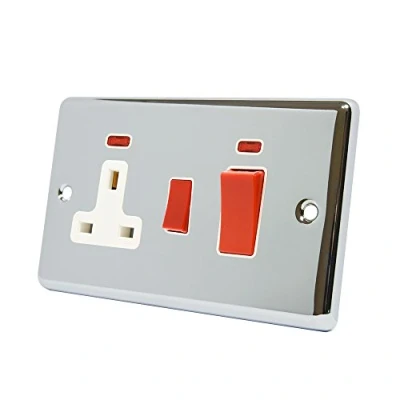 Image of AET CPCCC2NWH Polished Chrome Classical Control Unit w White Insert 2 Gang 45A Cooker 13A Switched Plug Socket and Neon Indicators, 240 V
