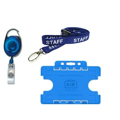 Image of Staff Lanyard Neck Strap with Safety Breakaway 15mm, Double Badge Pass ID Card Holder Credit Size and Retractable Keyring Premier YoYo Reel (Blue Metal (Double))