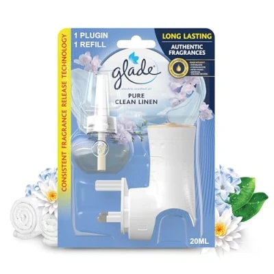 Image of Glade Plug in Air Freshener Holder and Refill, Electric Scented Oil Room Freshener, Clean Linen, Pack of 4 Starter Kits, (4 x 20 ml Refill)
