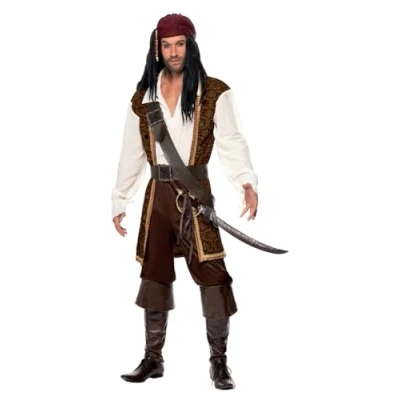 Image of Smiffys High Seas Pirate Costume, Brown Top, Short Trousers, Baldric, Belt &amp; Headscarf, Fancy Dress, Dress Up Costumes