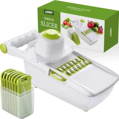 Image of Mandoline Slicer, All in 1 Fruit and Vegetable Chopper, Multifunctional Veg Cutter, Interchangeable Stainless Steel with Food Container, Hand Protector, Julienne Slice for Potato Tomato Onion Cheese
