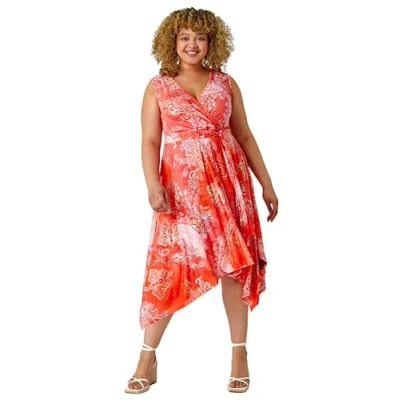 Image of Roman Originals Curve Paisley Hanky Hem Stretch Dress for Women UK Ladies Everyday Holiday Spring Summer V Neckline Comfy Soft Evening Vacation Work Party Orange Size 26