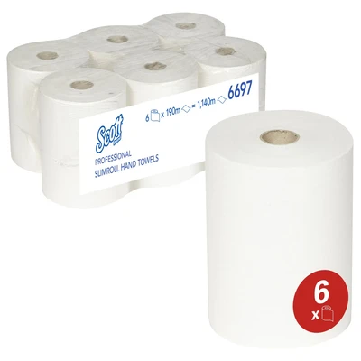 Image of Scott, 6697, Slimroll Hand Towels , 1 Ply, White, 6 rolls x 190 m
