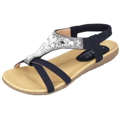 Image of Jo &amp; Joe Ladies Faux Leather Peep Open Toe Sling Back T Bar Dimante Flat Flip Flop Sandals Size 3 8 (UK 7, Navy)