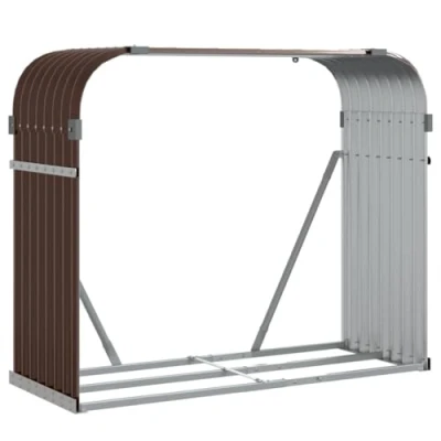 Image of vidaXL Log Holder Firewood Rack Brown Galvanised Steel Wood Storage Stand, Outdoor/Indoor 120x45x100cm with Hooks