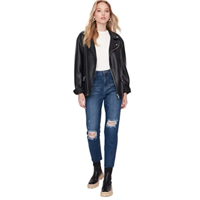 Image of Trendyol Women&#039;s Woman Mom Jeans, Navy Blue, 34 UK