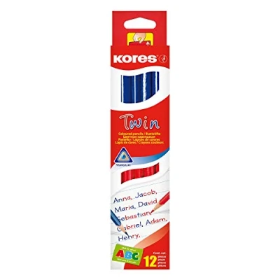 Image of Kores Twin: Double Sided Red and Blue Pencils for Children Students, Soft Lead Triangular Ergonomic Shape, School Supplies Writing Correcting, Pack of 12