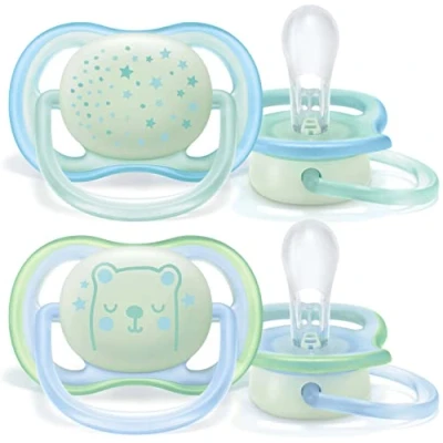 Image of Philips Avent Soothers, 0 6m Ultra Air Night Soother with Glow in the Dark Button, Star/Bear Design, Green/Blue (Pack of 2) SCF376/11