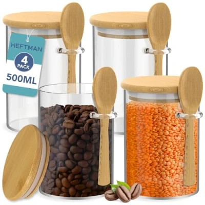 Image of HEFTMAN Glass Jars with Bamboo Lids 500ml, 4 Pack Airtight and Spoons for Coffee, Sugar, Spices, Hot Chocolate Station Silicone Seal Storage &amp; Canisters