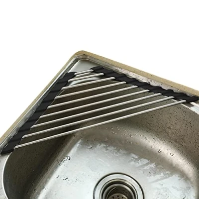 Image of Gusengo Triangle Roll Up Dish Drying Rack Anti Rust Corner Rack,Roll Drainer In Sink, Foldable Drain Drainer, Stainless Steel Kitchenware Holder