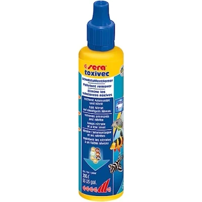 Image of sera Toxivec 50 ml water conditioner for aquariums, removes fish toxic ammonia, nitrite, binds heavy metals such as lead, copper, chlorine, chloramines, reduces nitrate so algae