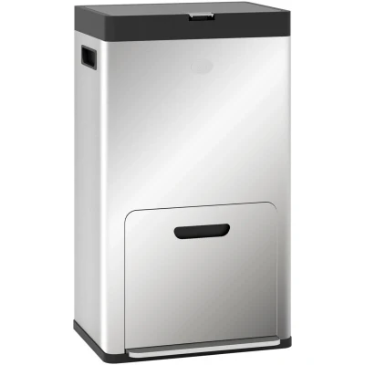 Image of HOMCOM 56L Kitchen Bin, Stainless Steel 3 Compartment Bin with Wheels, Soft Close Lid, Removable Inner Buckets, Fingerprint Proof for Recycling and Waste, Silver