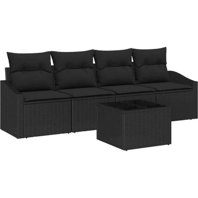 Image of vidaXL 5 Piece Garden Sofa Set with Cushions Black Poly Rattan