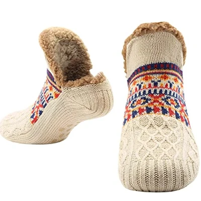 Image of CityComfort Slipper Fluffy Socks for Women Men Heat Holding Sock Knitted Wool Sherpa Fuzzy Bed Slippers One Size Non Slip (Beige)