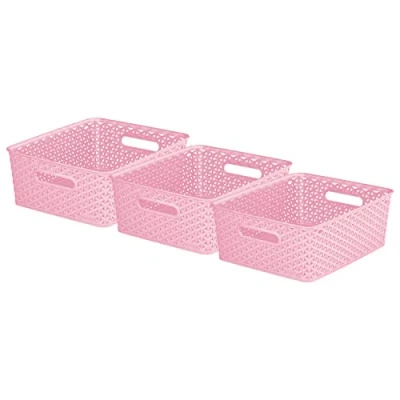 Image of Curver My Style Rattan Effect Set of 3 Kitchen, Living room, Bathroom, Bedroom, Utility Medium Rectangular Storage Baskets 13 Litres Pink