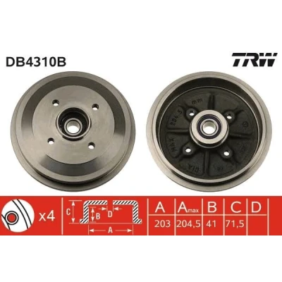 Image of 424746 Brake Drum TRW DB4310B with bearing(s), without ABS sensor ring 220mm CITROËN: C2 Hatchback, C3 I PEUGEOT: 208 Hatchback