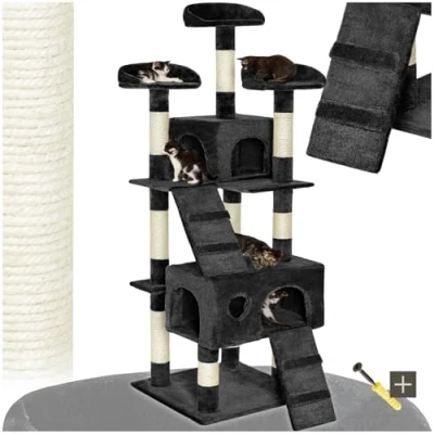 Image of tectake® Multi Level Cat Tree with Sisal Scratching Posts, Soft Plush Fabric, 2 Cosy Houses, 3 Perches, Ladders, Durable &amp; Stable Build 170 cm Tower Anti Tip Protection Black