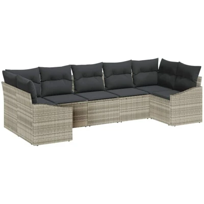 Image of vidaXL 7 Piece Garden Dining Set with Cushions in Light Grey Poly Rattan