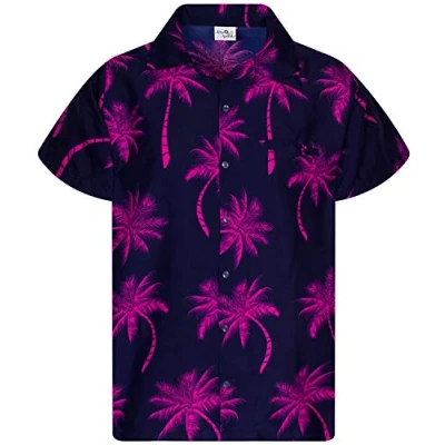 Image of King Kameha Men&#039;s Shirt Short Sleeve Casual Button Down Hawaii Vacation, Palm Shadow, Navy Pink, XS