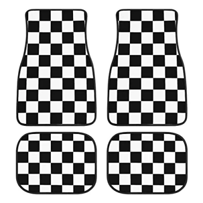 Image of Plaid Car Floor Mats Set of 4,Geometric Checkered Pattern Vehicle Front Rear Carpets Black White Rugs Non Slip Auto Foot Accessories Universal Fit for SUV Truck Van