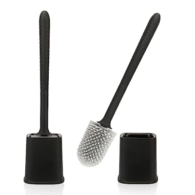 Image of Canvint Toilet Brush, 2 Pack Silicone Brush with Holder Set, Dead Corner Deep Cleaning Quick Drying Holder, Loo Flexible No Slip Long Plastic Handle (Black)