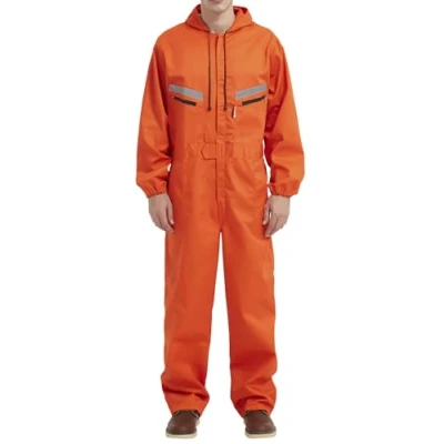 Image of Yukirtiq Men&#039;s Workwear Hooded Boilersuit Coverall with Multi Pockets, Heavy Duty Polycotton Overall Trousers Mechanics Boiler Suit Reflective Tape, Orange, XXL