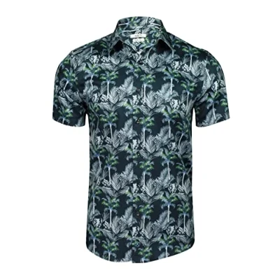 Image of Xact Mens 100% Cotton Hawaiian Palm Tree Shirt, Short Sleeved, Slim Fit (Blue) L
