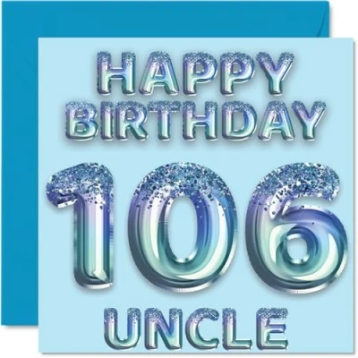 Image of 106th Birthday Card for Uncle Blue Glitter Party Balloons Happy Cards 106 Year Old from Nephew Niece, 145mm x Bday Greeting Gift