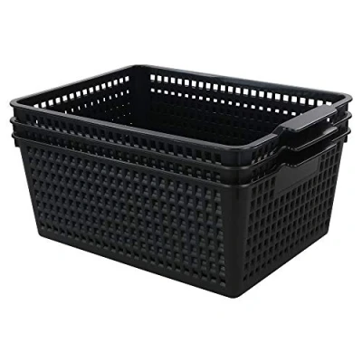 Image of Yarebest Large Plastic Storage Basket Box, Cupboard Baskets, 3 Pack (Black)