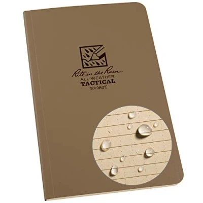 Image of Rite in the Rain Waterproof Paper Side Bound Tactical Memo Book Tan Field Flex Cover 160 Pages 80 Sheets Perfect Imp &amp; Metric Rules Map Scales Conv Charts 16 Ref Material 4 ⅝ x 7¼ Inch