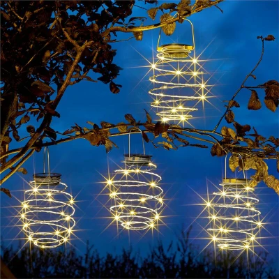 Image of Smart Solar LED Lantern 12cm SPIRALIGHT Hanging Warm White 4 Pack Silver