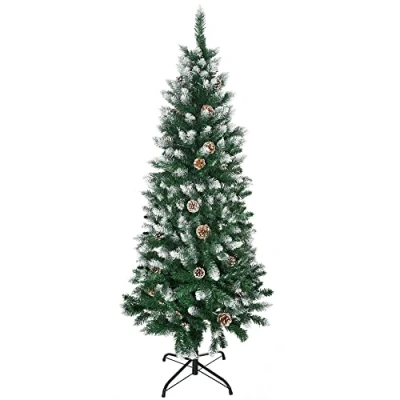 Image of HOMCOM 5 Ft Snow Artificial Christmas Tree with Realistic Branches, Pine Cone, for Indoor Decoration, Green White