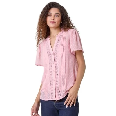 Image of Roman Originals Textured Spot Lace Trim Blouse for Women UK Ladies Everyday Holiday Spring Summer V Neckline Comfy Soft Evening Vacation Work Party Light Pink Size 18