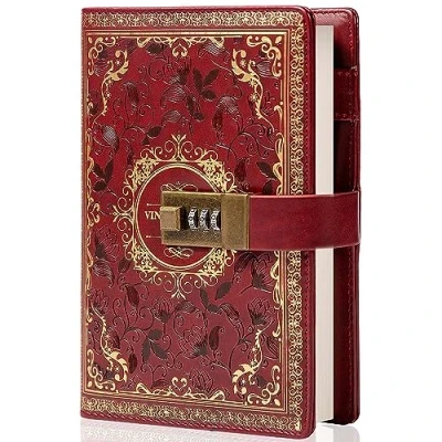 Image of Vintage Leather Journal Notebook with Combination Lock, B6 Embossed Flower Secret Diary Ruled Lined Paper for Writing, Gift Women Girls Children (Wine)