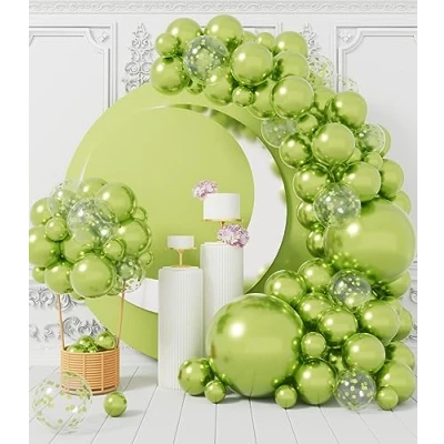 Image of Metallic Lime Green Balloon Arch: 100 Pcs Neon Party Balloons Garland Kit Different Sizes with Light Confetti Latex Ribbons DIY for Birthday Baby Shower Jungle Dinosaur Decoration