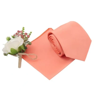 Image of DQT Plain Glossy Satin Polyester Wedding Classic Neck Tie and Pocket Square Set for Men in Coral