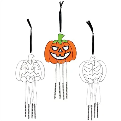 Image of Baker Ross FX248 Pumpkin Suncatcher Windchimes Pack of 3, Garden Halloween Decorations, Kids Painting Craft Decorations