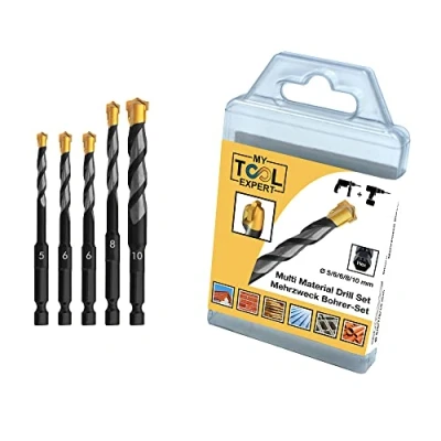 Image of Multi Construction Drill Bit Set, 5 Piece Material Bits Ø 5,6,6,8,10 mm Ultimate Professional Hex 9 Rotary and Impact Purpose Drills Set for Block Brick Soft Tile Wood Plastic Metal