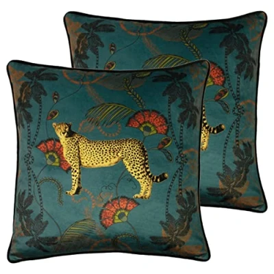 Image of Paoletti Tropica Cheetah Cushions (Twin Pack) Teal Size 45 cm x
