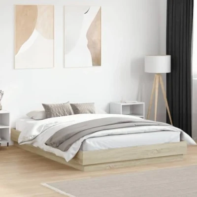 Image of vidaXL Sonoma Oak Double Bed Frame with RGB LED Lights 140x200 cm Engineered Wood Construction for Bedroom Decor