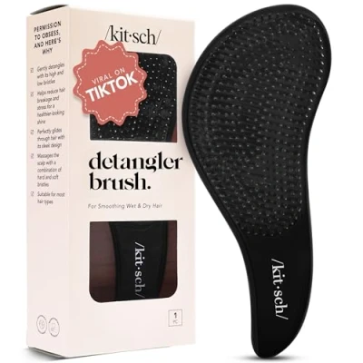 Image of Kitsch Detangling Brush for Adults &amp; Kids Professional Wet Dry Hair Detangler, No Pain, Tangle Free Flexible Bristles Easy to Hold, Shower Travel Brush, Fits All Types Black